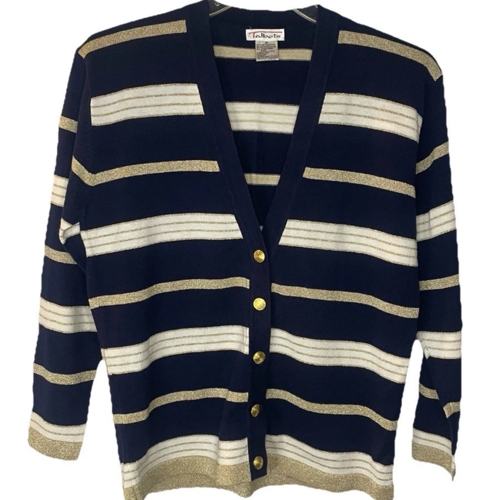 Vintage Talbots Navy & Gold striped V-neck Cardigan Gold Metallic Buttons Size M